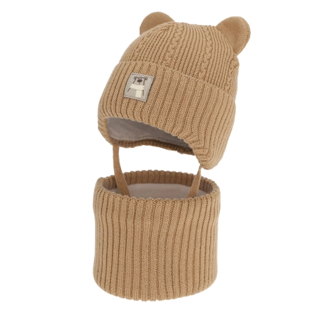 Czapka i komin dla chłopca zimowy komplet, camel, z wełną merino, wiązany Velaro-2