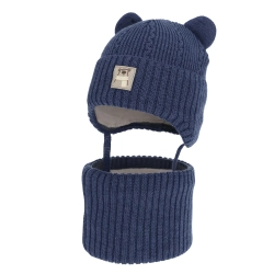 Czapka i komin dla chłopca zimowy komplet, ciemnoniebieski, z wełną merino, wiązany Velaro-1