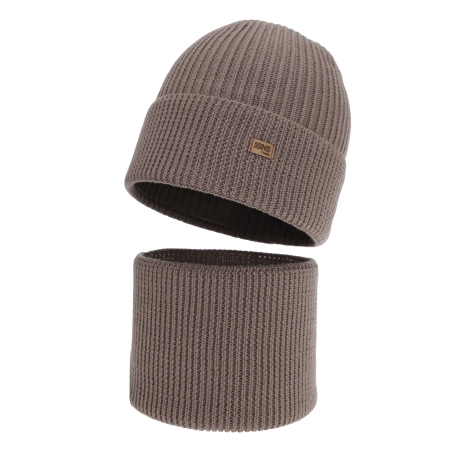 Czapka i komin dla chłopca, zimowy komplet, 100% wełniany merino, ciemnobeżowy Loen-1
