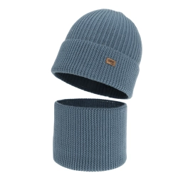 Czapka i komin dla chłopca, zimowy komplet, 100% wełniany merino, niebieski Loen-1