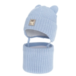 Czapka i komin dla chłopca zimowy komplet, błękitny, z wełną merino, wiązany Velaro-1