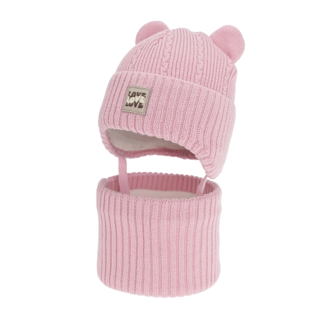 Czapka i komin dla dziewczynki, zimowy komplet, różowy, z wełną merino, wiązany Vasira-1
