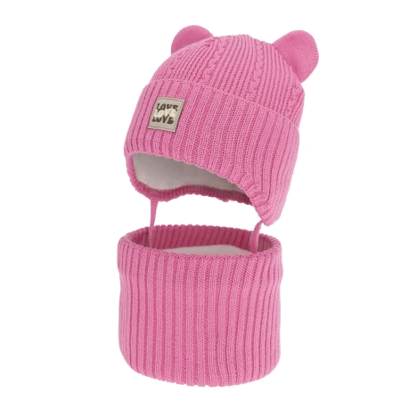 Czapka i komin dla dziewczynki, zimowy komplet, różowy, z wełną merino, wiązany Vasira-1