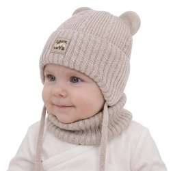 Czapka i komin dla dziewczynki, zimowy komplet, beżowy, z wełną merino, wiązany Vasira-1
