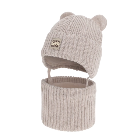 Czapka i komin dla dziewczynki, zimowy komplet, beżowy, z wełną merino, wiązany Vasira-2