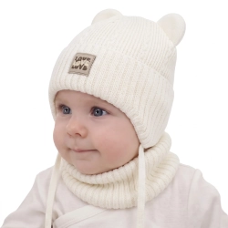 Czapka i komin dla dziewczynki, zimowy komplet, kremowy, z wełną merino, wiązany Vasira-1