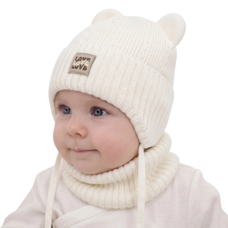 Czapka i komin dla dziewczynki, zimowy komplet, kremowy, z wełną merino, wiązany Vasira-1