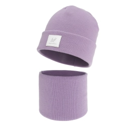 Czapka i komin dla dziewczynki zimowy komplet, dwuwarstwowy, fioletowy, 100% wełniany merino, Lurina-1