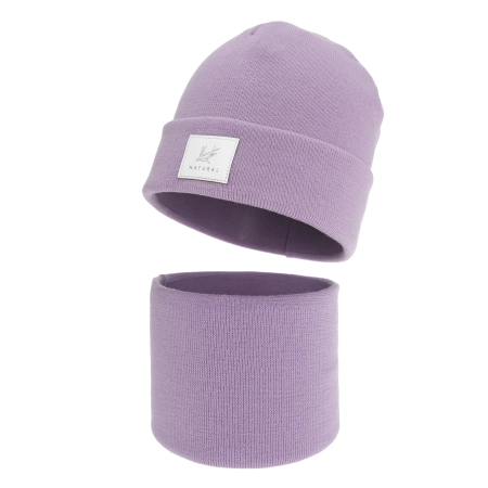 Czapka i komin dla dziewczynki zimowy komplet, dwuwarstwowy, fioletowy, 100% wełniany merino, Lurina-1