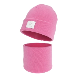 Czapka i komin dla dziewczynki zimowy komplet, dwuwarstwowy, różowy, 100% wełniany merino, Lurina-1