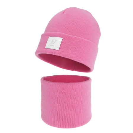 Czapka i komin dla dziewczynki zimowy komplet, dwuwarstwowy, różowy, 100% wełniany merino, Lurina-1