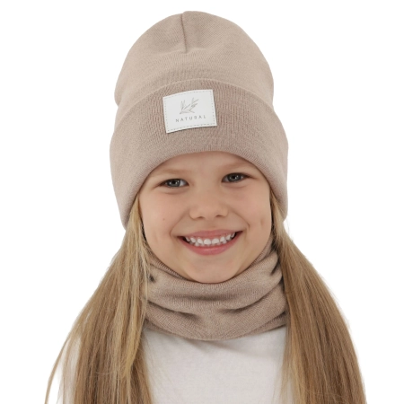 Czapka i komin dla dziewczynki zimowy komplet, dwuwarstwowy, beżowy, 100% wełniany merino, Lurina-2