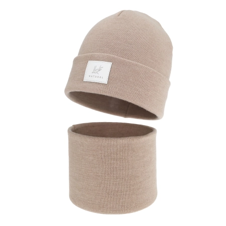 Czapka i komin dla dziewczynki zimowy komplet, dwuwarstwowy, beżowy, 100% wełniany merino, Lurina-3