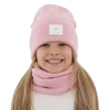 Czapka i komin dla dziewczynki zimowy komplet, dwuwarstwowy, różowy, 100% wełniany merino, Lurina-1