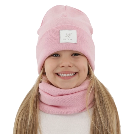 Czapka i komin dla dziewczynki zimowy komplet, dwuwarstwowy, różowy, 100% wełniany merino, Lurina-1