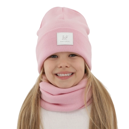 Czapka i komin dla dziewczynki zimowy komplet, dwuwarstwowy, różowy, 100% wełniany merino, Lurina-2