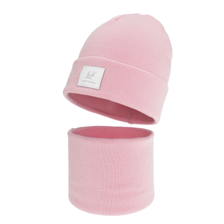 Czapka i komin dla dziewczynki zimowy komplet, dwuwarstwowy, różowy, 100% wełniany merino, Lurina-3