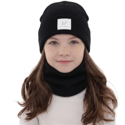 Czapka i komin dla dziewczynki zimowy komplet, dwuwarstwowy, czarny, 100% wełniany merino, Lurina-1