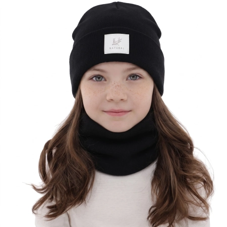 Czapka i komin dla dziewczynki zimowy komplet, dwuwarstwowy, czarny, 100% wełniany merino, Lurina-1