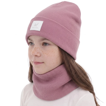 Czapka i komin dla dziewczynki zimowy komplet, dwuwarstwowy, fioletowy, 100% wełniany merino, Lurina-1