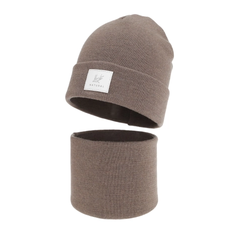 Czapka i komin dla dziewczynki zimowy komplet, dwuwarstwowy, ciemnobeżowy, 100% wełniany merino, Lurina-1