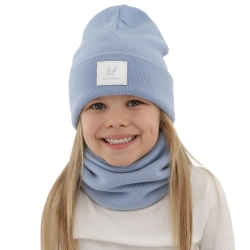 Czapka i komin dla dziewczynki zimowy komplet, dwuwarstwowy, błękitny, 100% wełniany merino, Lurina-1