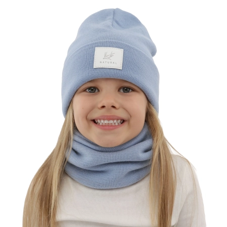 Czapka i komin dla dziewczynki zimowy komplet, dwuwarstwowy, błękitny, 100% wełniany merino, Lurina-2