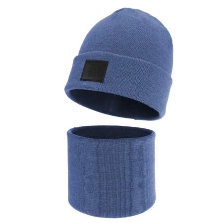 Czapka i komin dla chłopca, zimowy komplet, dwuwarstwowy, 100% wełniany merino, niebieski Lurimo-1