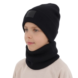 Czapka i komin dla chłopca, zimowy komplet, dwuwarstwowy, 100% wełniany merino, czarny Lurimo-1