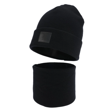 Czapka i komin dla chłopca, zimowy komplet, dwuwarstwowy, 100% wełniany merino, czarny Lurimo-2