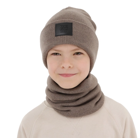 Czapka i komin dla chłopca, zimowy komplet, dwuwarstwowy, 100% wełniany merino, ciemnobeżowy Lurimo-1