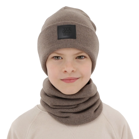 Czapka i komin dla chłopca, zimowy komplet, dwuwarstwowy, 100% wełniany merino, ciemnobeżowy Lurimo-2