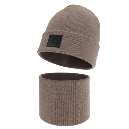 Czapka i komin dla chłopca, zimowy komplet, dwuwarstwowy, 100% wełniany merino, ciemnobeżowy Lurimo-3