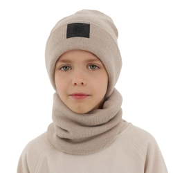 Czapka i komin dla chłopca, zimowy komplet, dwuwarstwowy, 100% wełniany merino, beżowy Lurimo-1