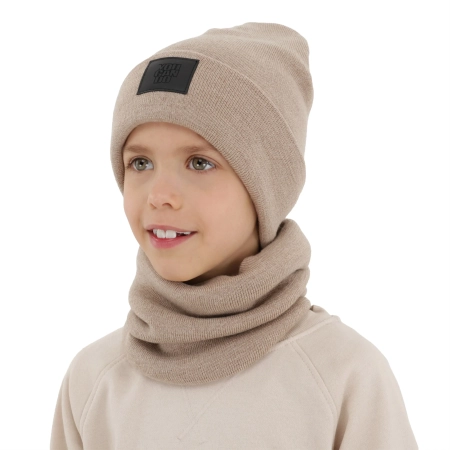 Czapka i komin dla chłopca, zimowy komplet, dwuwarstwowy, 100% wełniany merino, beżowy Lurimo-2