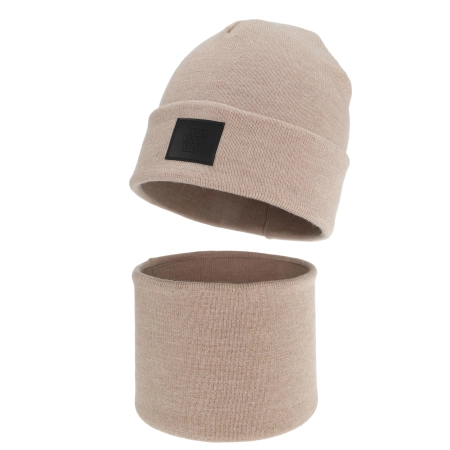 Czapka i komin dla chłopca, zimowy komplet, dwuwarstwowy, 100% wełniany merino, beżowy Lurimo-3