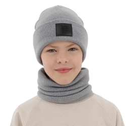 Czapka i komin dla chłopca, zimowy komplet, dwuwarstwowy, 100% wełniany merino, szary Lurimo-1