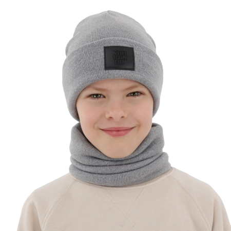Czapka i komin dla chłopca, zimowy komplet, dwuwarstwowy, 100% wełniany merino, szary Lurimo-2