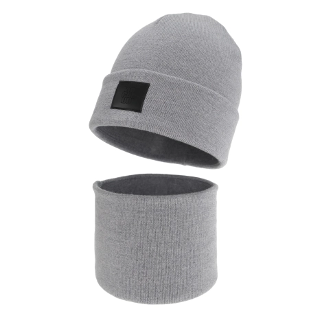 Czapka i komin dla chłopca, zimowy komplet, dwuwarstwowy, 100% wełniany merino, szary Lurimo-3