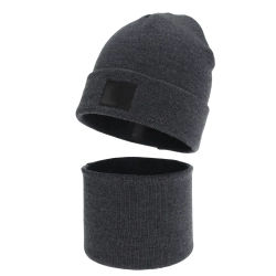 Czapka i komin dla chłopca, zimowy komplet, dwuwarstwowy, 100% wełniany merino, ciemnoszary Lurimo-1