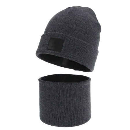 Czapka i komin dla chłopca, zimowy komplet, dwuwarstwowy, 100% wełniany merino, ciemnoszary Lurimo-1