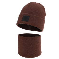Czapka i komin dla chłopca, zimowy komplet, dwuwarstwowy, 100% wełniany merino, brązowy Lurimo-1