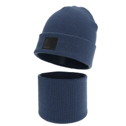 Czapka i komin dla chłopca, zimowy komplet, dwuwarstwowy, 100% wełniany merino, ciemnoniebieski Lurimo-1