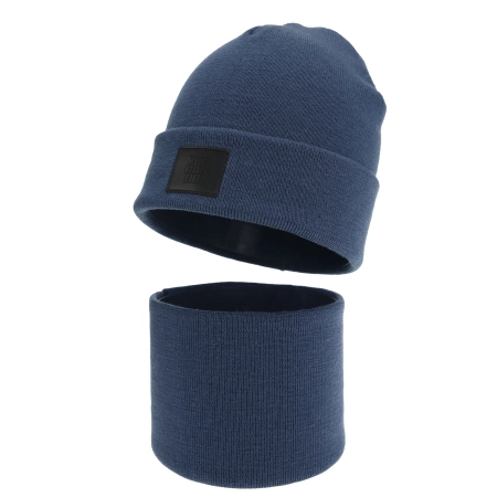 Czapka i komin dla chłopca, zimowy komplet, dwuwarstwowy, 100% wełniany merino, ciemnoniebieski Lurimo-1