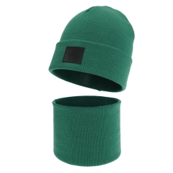 Czapka i komin dla chłopca, zimowy komplet, dwuwarstwowy, 100% wełniany merino, szmaragdowy Lurimo-1