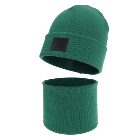 Czapka i komin dla chłopca, zimowy komplet, dwuwarstwowy, 100% wełniany merino, szmaragdowy Lurimo-1