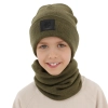 Czapka i komin dla chłopca, zimowy komplet, dwuwarstwowy, 100% wełniany merino, khaki Lurimo-1