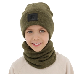 Czapka i komin dla chłopca, zimowy komplet, dwuwarstwowy, 100% wełniany merino, khaki Lurimo-1