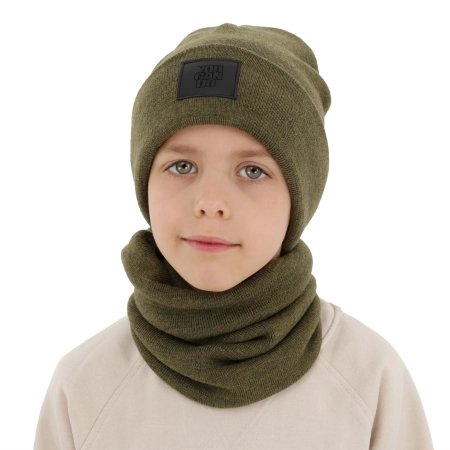 Czapka i komin dla chłopca, zimowy komplet, dwuwarstwowy, 100% wełniany merino, khaki Lurimo-2