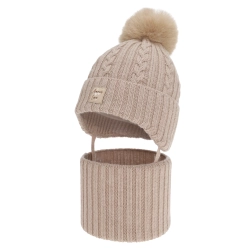 Czapka i komin dla dziewczynki, zimowy komplet, beżowy, 100% wełniany merino, z pomponem Vratna-1
